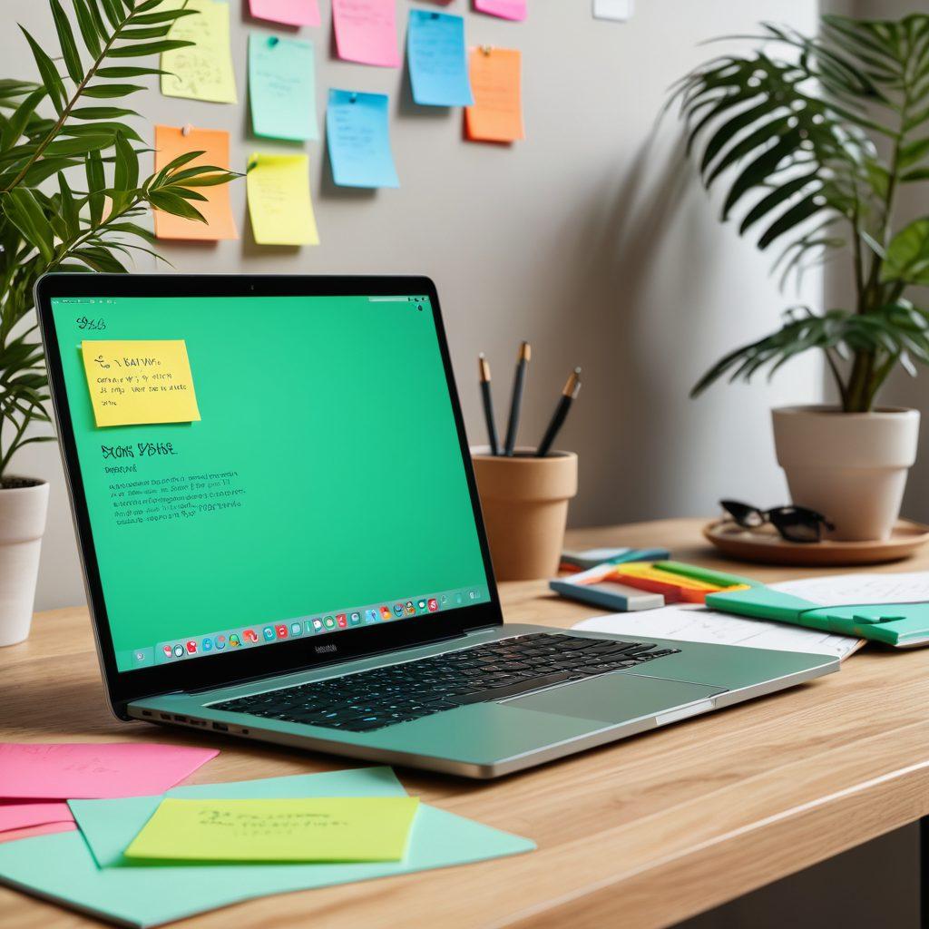 A modern workspace featuring a laptop, colorful sticky notes, and creative sketches, with digital art and vibrant social media icons floating around. Include a cozy plant and coffee cup to reflect a relaxed environment for blogging. Make it visually engaging to express a lively digital lifestyle filled with creativity. super-realistic. vibrant colors. 3D.