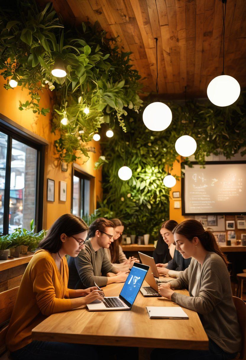 A diverse group of people sitting in a cozy coffee shop, each focused on their laptops and writing, surrounded by vibrant plants and warm lighting. Visible thought bubbles representing their creative ideas, intertwined with digital elements like social media icons, to illustrate connection. The ambiance is inviting and tech-savvy, highlighting the importance of personal expression through blogging in a modern world. super-realistic. warm colors. inviting atmosphere.